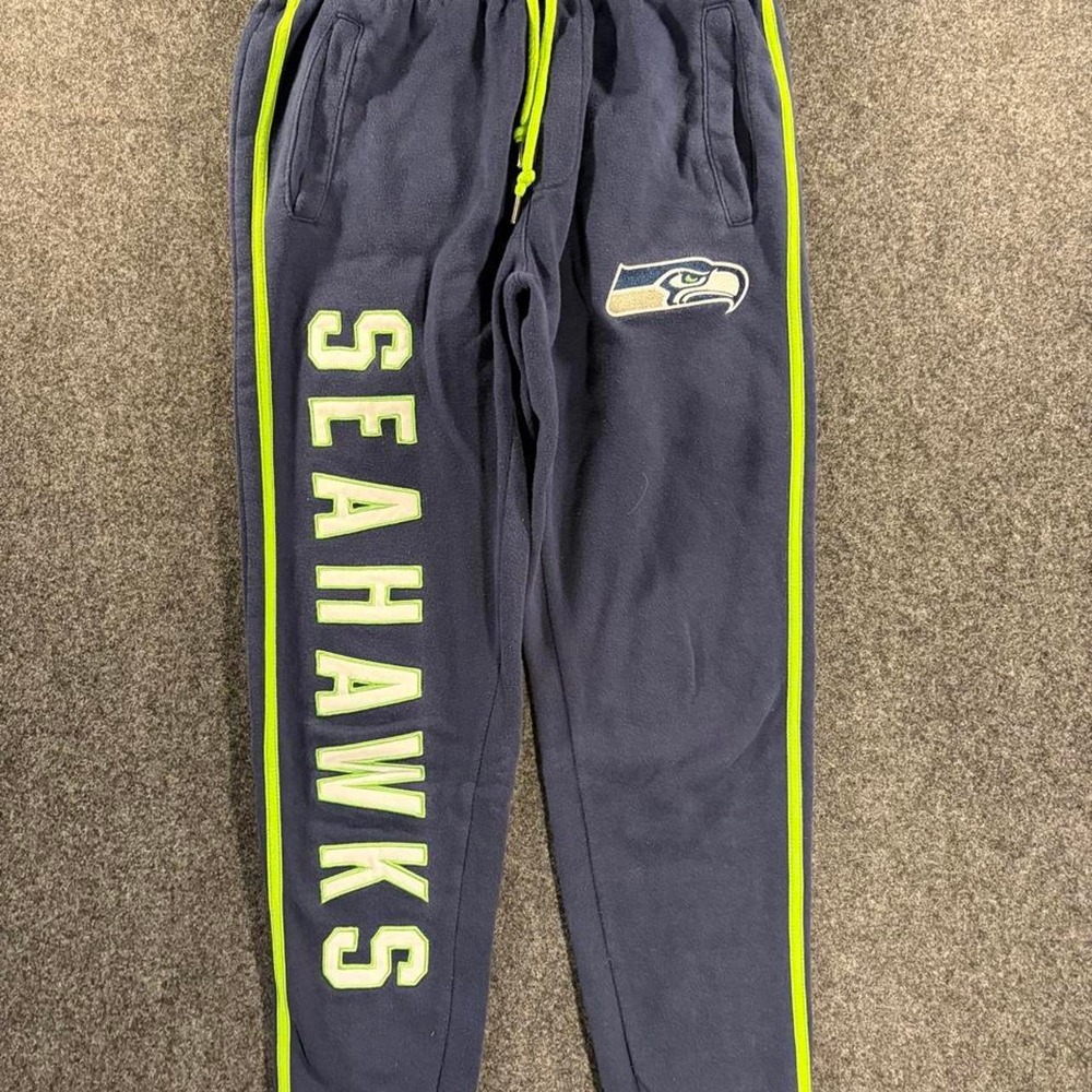 Seattle Seahawks NFL Navy Joggers Neon Stripe Y2K Fleece Sweatpants Mens